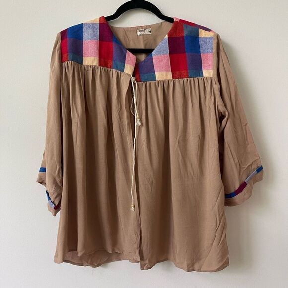 Cafeliz Women's Elbow Sleeve Multicolor Windowpane Brown Open Front Blouse Sz M - Picture 1 of 6